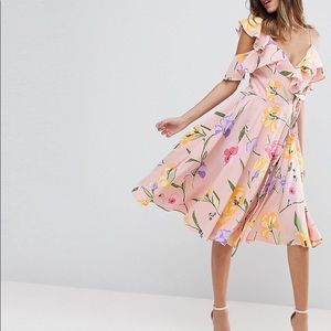 ASOS floral cold shoulder cami ruffle midi dress